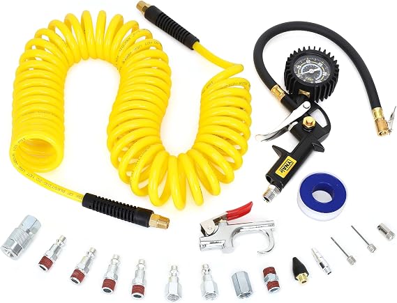 18 Pieces Air Compressor Accessories kit, 1/4 in x 25 ft Recoil Poly Air Compressor Hose Kit, 1/4" NPT Quick Connect Air Fittings, 100 PSI Tire Inflator Gauge, Blow Gun, Couplers and Plugs
