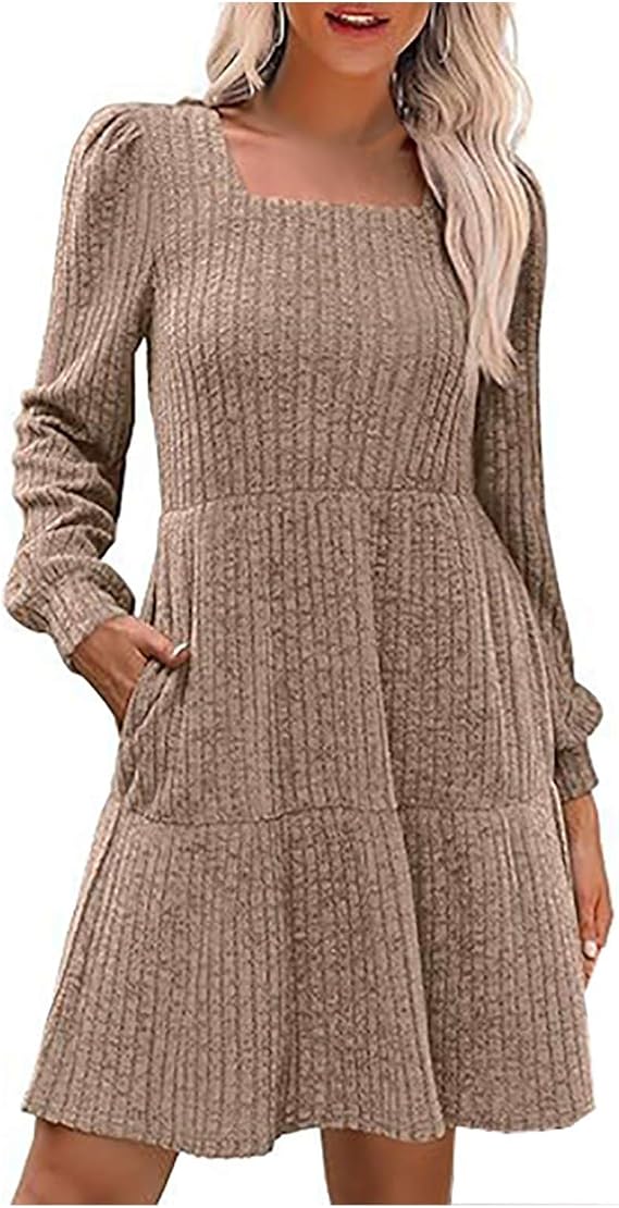 Womens Fall Sweater Dresses 2026 Long Sleeve Square Neck Ribbed Knit Dress with Pockets Casual Knee Length Dress