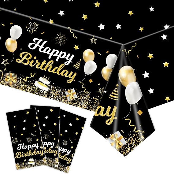 MRJ 3 Pack Gold and Black Happy Birthday Tablecloths 54"x108" Star Birthday Table Cover for Kids Boys Girls Baby Shower