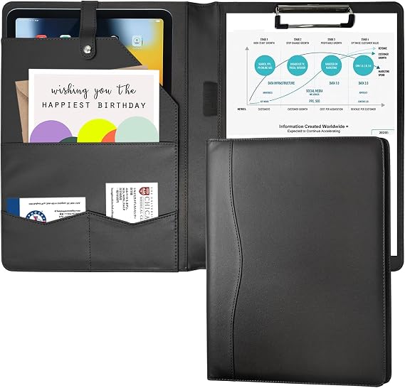 Portfolio Folder Padfolio with Clipboard, Faux Leather Portfolio Clipboard Conference Binder Writing Folder for Legal Pad Documents Card Organizer Men Women Black