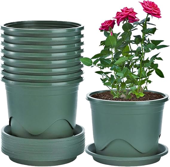 KAHEIGN 6Pcs Plastic Plant Pots, 16CM Thicken Flower Pot Root-Control Nursery Seedling Planter Decorative Garden Plant Container with Saucer for Indoor Outdoor Bonsai Plants (Green)