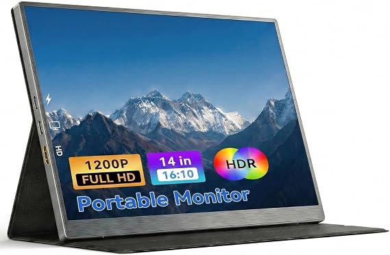 14インチ ポータブルモニター 1920x1200 IPS 16:10 ノートパソコン画面エクステンダー、HDR FreeSync USB-C HDMI 外部トラベルモニター スマートカバー&デュアルスピーカー付き Mac PC PS5 Xbox Switch用