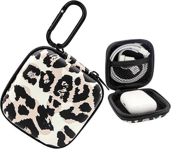 Earbud Case,Headphone Organizer Earbud Storage Bag, Hard EVA Shockproof Cover Carrying Case with Carabiner Clip Compatible with AirPods 4 Pro 2nd /3/2/1 Bose Galaxy Buds (Leopard)