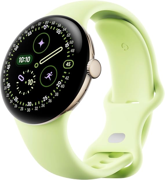 Google Pixel Watch 4 (41 mm) – Android-Smartwatch mit gewölbtem Display und Fitness-Tracking und Unterstützung von Gemini – Aluminiumgehäuse in Champagne Gold – Sportarmband in Lemongrass – LTE