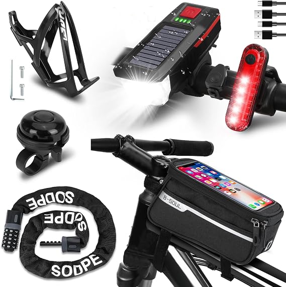 6 Pack Bike Accessories Including Bicycle Light Front and Rear, Bike Frame Bag, Bicycle Chain Lock, Bikes Water Bottle Cage, Bicycles Bell for Adult Kids Road Mountain Bikes