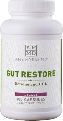 Gut Restore Betaine HCL with Pepsin Amy Myers - Supports Calcium, Iron & Other Mineral Absorption. Licorice, Slippery Elm & Marshmallow Root Extract, Helps Alleviate Food Sensitivities - 100 Capsules