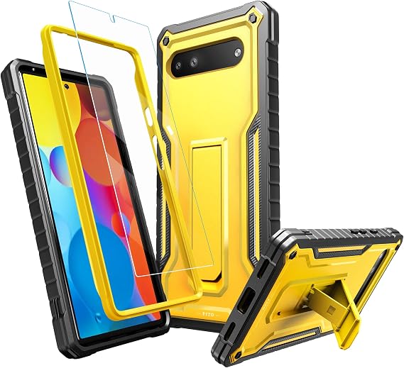 FITO for Google Pixel 6A Case, Dual Layer Shockproof Heavy Duty Case with Tempered Glass Screen Protector Built-in Kickstand (Yellow)