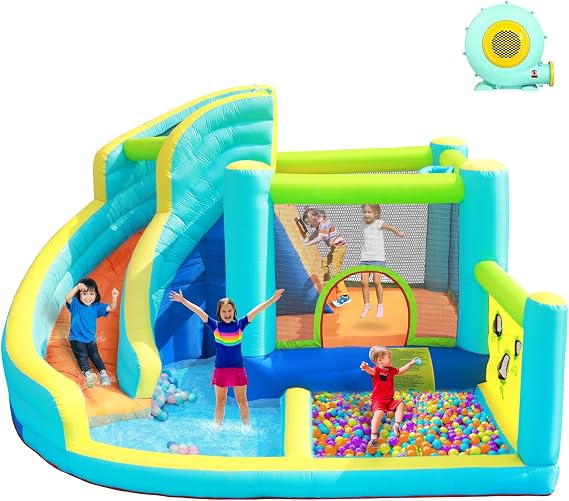 Inflatable Bouncy Castle Water Park with Slide Sprayer Trampoline Climbing Wall & Basketball Hoop, Includes Air Blower, Outdoor Indoor Bounce House for Kids Toddlers, Holds Up to 5 Children