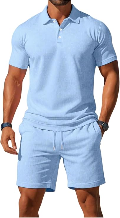 WDIRARA Men's 2 Piece Outfit Short Sleeve Collar Golf Shirt Drawstring Shorts Set Workout Athletic Tracksuit