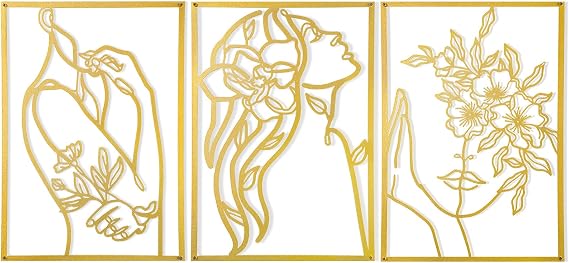 AGIOTA 3 Pcs Gold Metal Wall Decor, Minimalist Floral Women Line Drawing Wall Art, Elegant Abstract Lady Silhouette Metal Wall Hanging for Home Bedroom Living Room