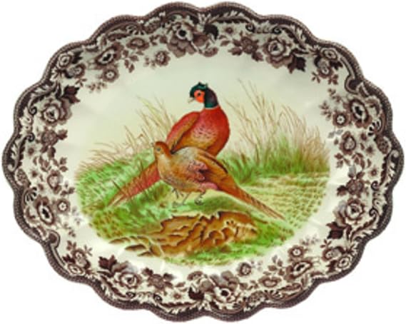 Spode Woodland Pheasant Oval Fluted Dish | 14.5" Durable Fine Porcelain Serving Platter, Elegant Dish for Roasts, Vegetables, Appetizers, Desserts & Everyday Dining