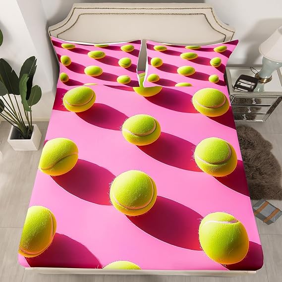 3D Tennis Balls Fitted Sheet Twin Size Sports Ball Game Themed Bedding Set 2Pcs(No Flat Sheet) Modern Sport Competition Bed Sheet for Boys Girls Teens Room Decor Geometric Circle Deep Pocket Sheet