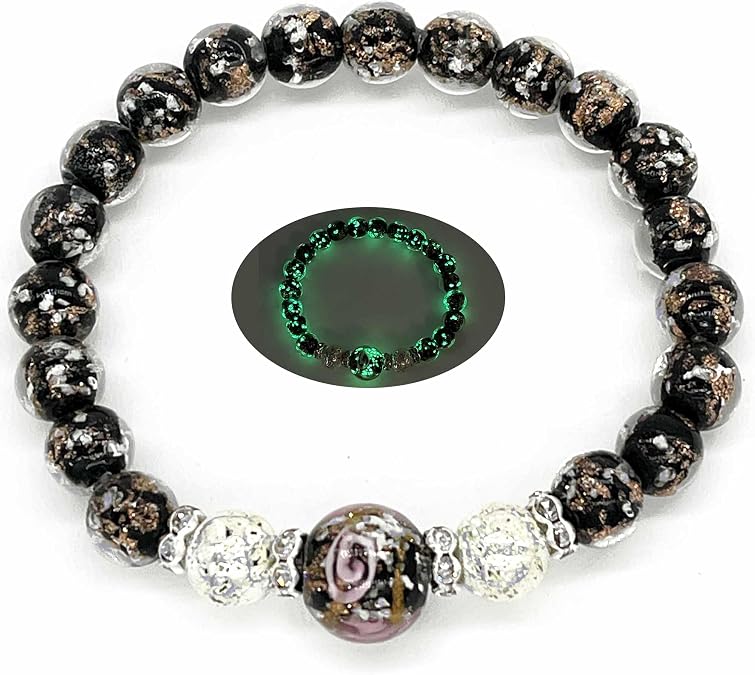 ARTSY Crafts Glow in the Dark Firefly Beads Bracelet for Women, Luminous Glass Beads Healing Crystal Glowing Beaded Bracelets, Mermaid Bracelet Stretch Bangle Wristband