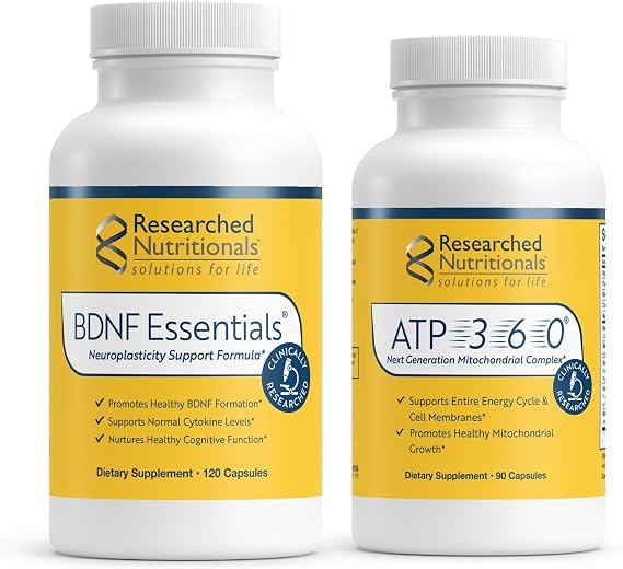 Researched Nutritionals Healthy Aging Bundle - BDNF Essentials Brain Health & Neuroplasticity Support (120 Capsules) & ATP 360 Mitochondrial & Cellular Energy Complex (90 Capsules)