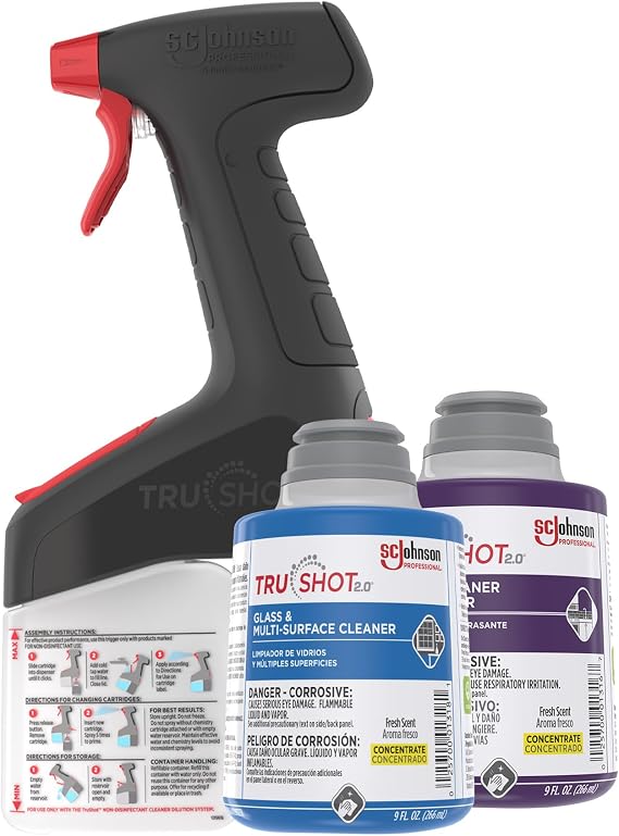 SC Johnson Professional TruShot 2.0 Multi-Surface Glass & Degreaser Mobile Dispensing System Starter Pack, 1 Trigger Dispenser, 2 Cleaning Concentrate Cartridges, for Professional Use