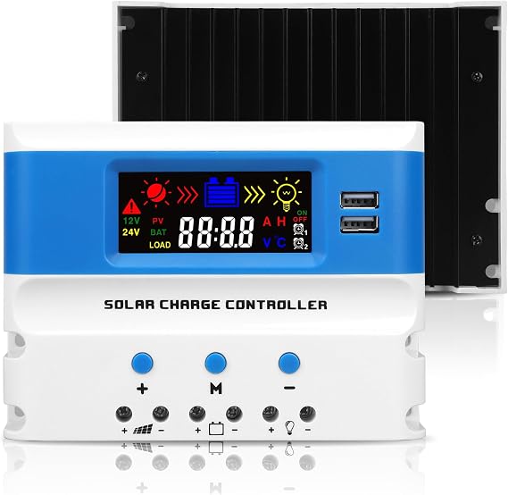 30A PWM Solar Charge Controller 12V/24V Auto, PWM Charge Controllers 30A for Solar Panels with LCD Display Dual USB Port, 12V/24V Solar Regulator Controller for Gel/SLD/FLD/LI Battery