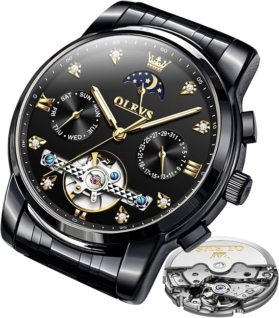 OLEVS Automatic Men's Watches Mechanical Black Watch with Skeletonised Tourbillon Calendar Waterproof Luminous Classic Luxury Wrist Watches for Men