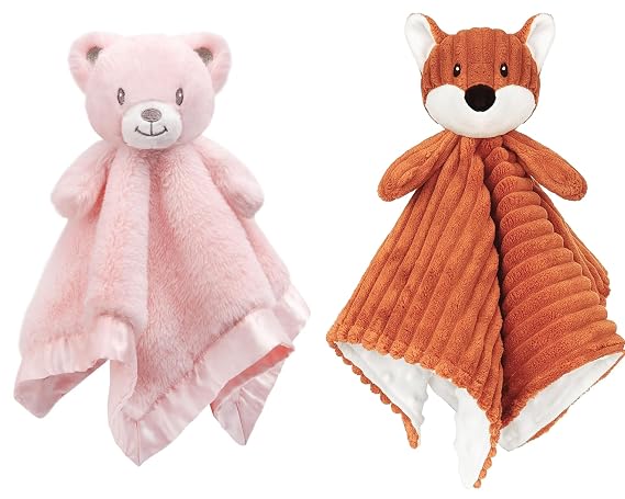 2 Pack Baby Security Blanket Unisex Loveys for Babies Essentials, Newborn Boys and Girls Fox Stuffed Animal Snuggle Toy with Dotted Backing Fabric,