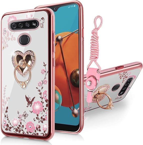 LG K51 Phone Case for Women, LG Q51 Case Glitter Crystal Butterfly Heart Floral Cute for Girls and Women Lovely Bow Love with Ring Stand Slim Soft TPU Protective Cover Case for LG K51/LG Q51-Rose Gold