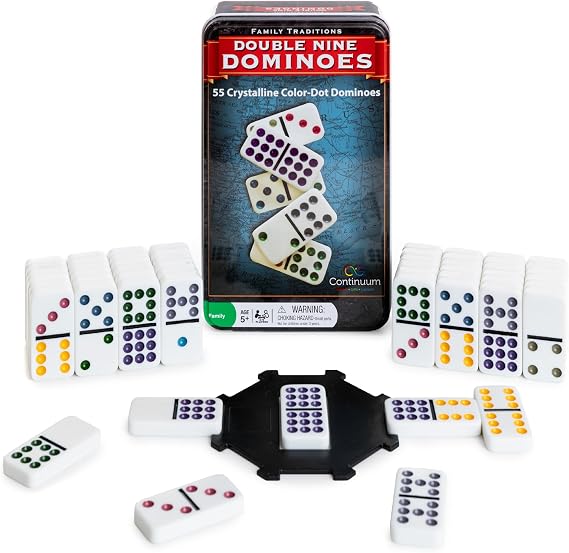 Continuum Games Family Traditions Double 9 Dominoes, Color Dot | 55 Piece Double Nine Dominoes Set in Storage Tin, Crystalline Dominoes, Classic Game, for Game Night and Travel, for Kids