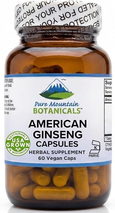 Pure Mountain Botanicals American Ginseng Capsules Kosher Vegan Caps Now with 400mg Panax Quinquefolia Ginseng Root