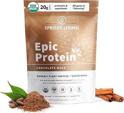 Sprout Living Epic Protein, Plant Based Protein & Superfoods Powder, Chocolate Maca Powder | 20 Grams Organic Protein Powder, Vegan, Non Dairy, Non-GMO, Gluten Free, Low Sugar 1 Pound, 12 Servings