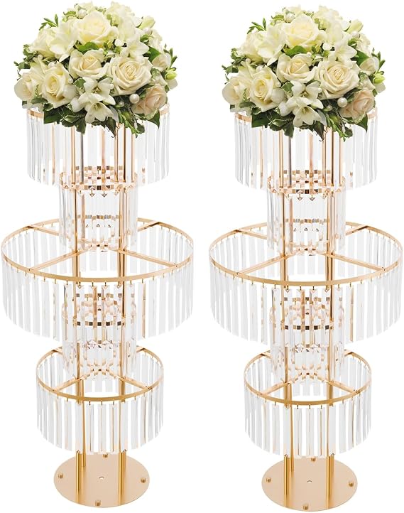 5 Tiers 2 Pcs Gold Crystal Flower Stands, 43.3In Tall Wedding Centerpieces, Wedding Table for Wedding Reception Birthday