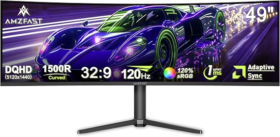 Amzfast 49 Inch Curved Monitor 120Hz DQHD (5120x1440) 32:9 Ultrawide PC Screen Eyes-Care 1MS MPRT 1500R Adaptive Sync sRGB 120% HDMI 2.0 x 2/DP 1.4 x 2 VESA 75x75 PBP/Pip AZMG49C7U