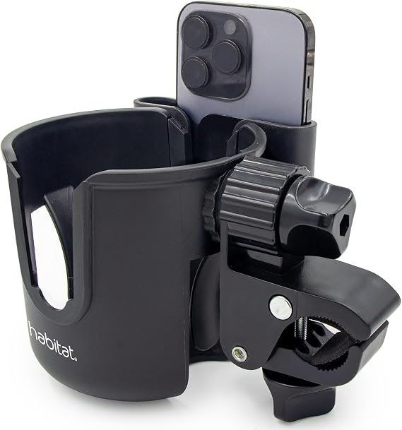Habitat Universal Stroller Cup Holder Attachment with Phone Holder - Adjustable Drink and Phone Organizer for Baby Strollers,Walkers, Bikes & Scooters, Parent Gift