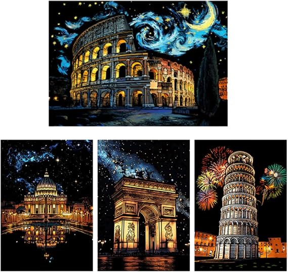 Scratch Art Scraping Drawing Set – Ancient City Works 4 Pieces | A3 Hobby & Art Painting with Wooden Pen