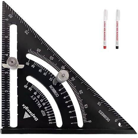 7 Inch Plastic Carpenter Square, Woodworking Framing Square Double Scale, Adjustable Angle Triangle Ruler, Measurement Tool for Carpentry with 2 Pencils Black
