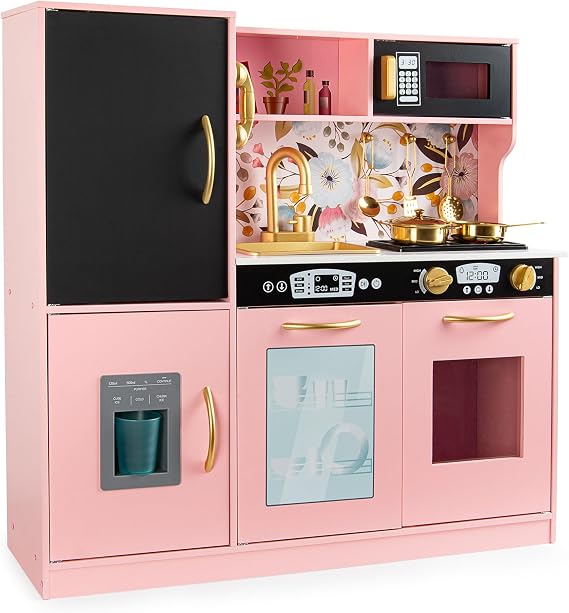 Leomark Memo Children's Kitchen Pink Wooden Play Kitchen with Gold Accessories