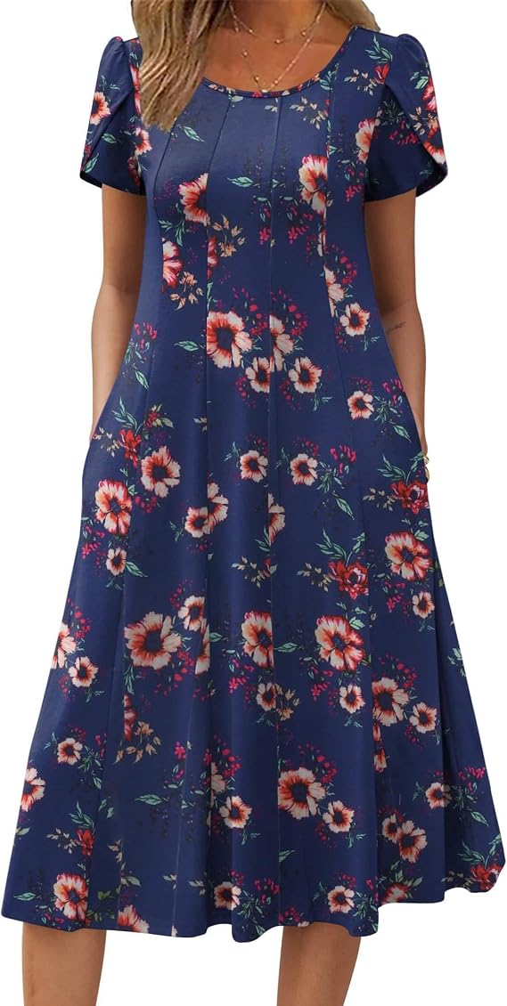 ZEAGOO Womens Casual Dresses for Summer Short Sleeve Flare Midi Dress Loose Flowy Beach Sundress