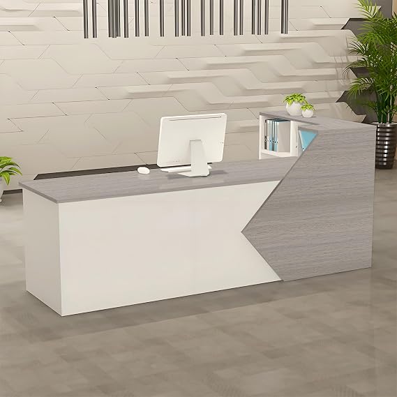 Modern L-Shaped Reception Desk with Storage Shelves and Cabinet, Wooden Front Counter Table for Office, Salon, Boutique – Multiple Sizes & Colors