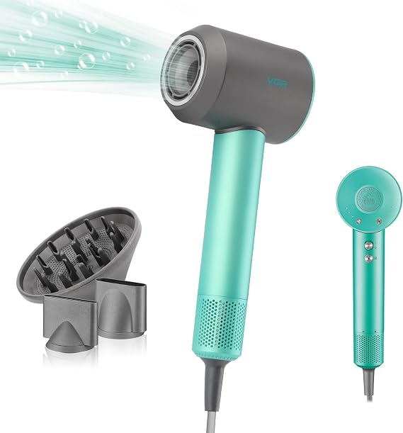 VGR Hair Dryer with Diffuser for Curly Hair - Negative Ionic Lightweight Professional Air Blow Hairdryer - High Speed Powerful 110000 RPM Fast Dry Brushless Motor - Nozzle Accessories - Women Men