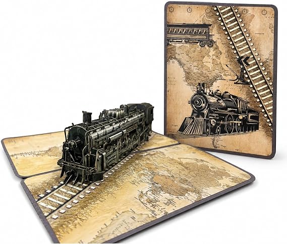 ETA Vintage Steam Train 3D Pop-Up Card Handmade Locomotive Train Greeting Card for Men, Train Enthusiasts, Retirement, Birthday, Fathers Day With Envelope Railroad Collectible Card, H34