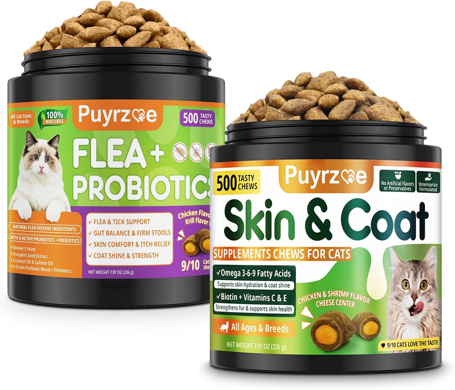 Puyrzoe Flea & Tick Support + Probiotics + Skin & Coat Chews for Cats – Flea Support, Gut Health & Coat Shine – 500 + 500 Chews with Omega-3-6-9, Vitamins & 6-Strain Probiotics, Chicken Flavor