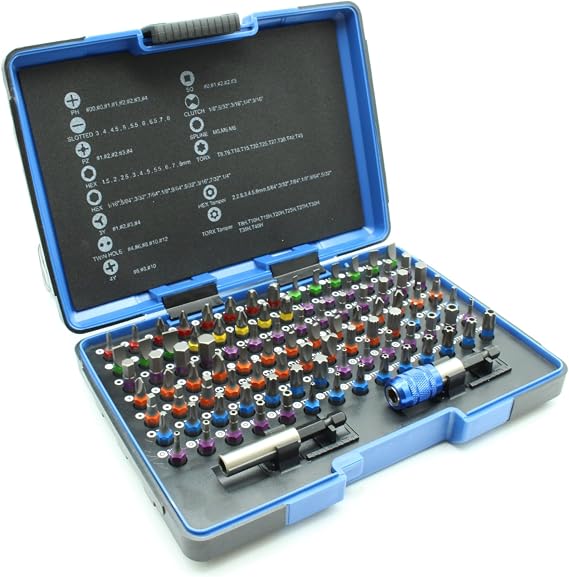 TEMO 100p Color Screwdriver Insert Bit Set w 2 Quick Chuck, Impact S2 Steel
