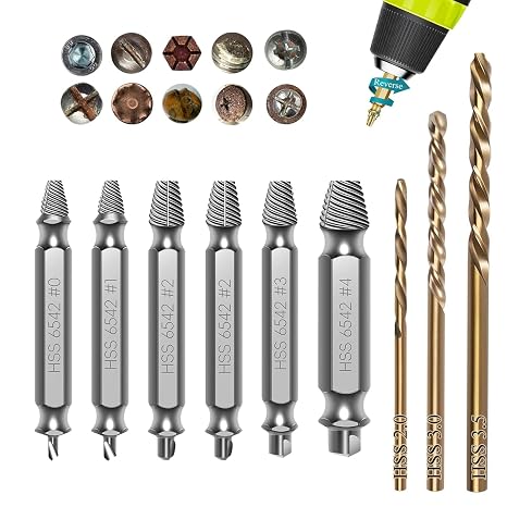 9 PCS Damaged Screw Extractor Set,6 PCS HSS 6542 Screw Extractor Remover Kit and 3 PCS Twist Drill Bit Kit, Bolt Extractor Set for Damaged Broken Stripped Screws