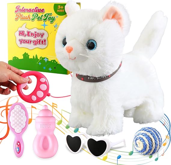 White Leash Walking Cat Set Singing that Purrs and Meows Animated Plush Robot Kitten Pet Moving Plush Realistic Stuffed Animal Remote Control Cute Kawai Robotic Kitty Toy for Kid