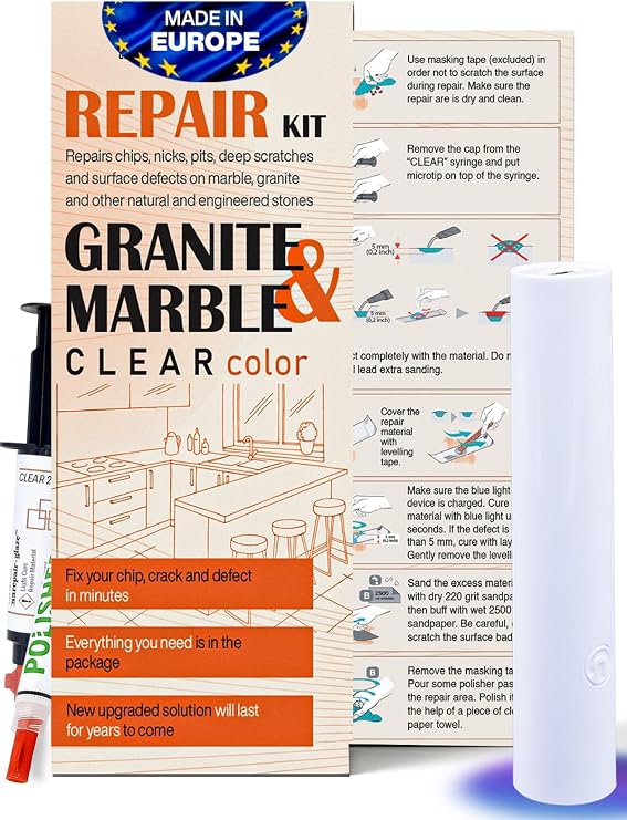 Marble, Granite and Quartz Countertop Repair Kit (Transparent) - Fix Your Flaws Like a Pro I Fix Broken Chips Suitable for Most Repairs in Minutes