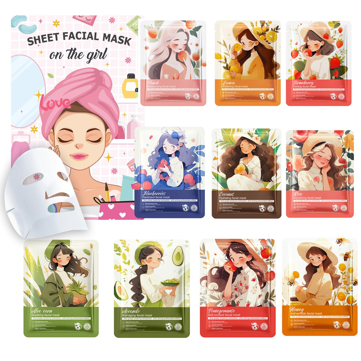 10 Pack Hydrating Face Masks Skincare, Spa Party Facial Sheet Mask Gifts for Women Girls, Moisturize, Soothe, Reducing Wrinkles & Fine Line Skincare Set for All Skin Types