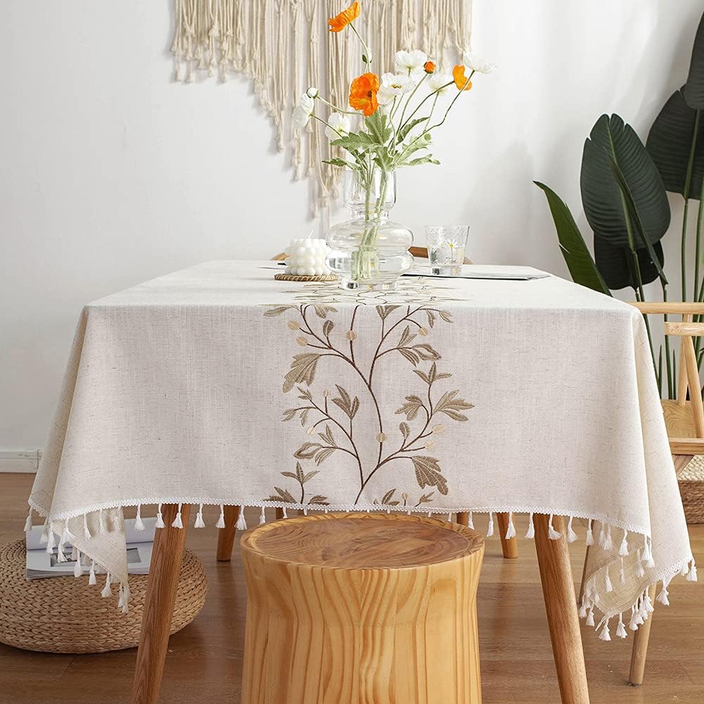 Pahajim Table Cloth for Rectangle Tables Cotton Linen Tablecloth Rustic tablecloths Farmhouse Table Cloths with Tassels Thanksgiving Christmas RectangleOblong，55 x 71 Inch,4-6 Seats