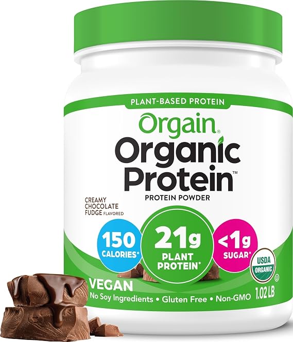 Orgain Organic Creamy Chocolate Fudge Plant Protein Powder, 16.3 OZ | Plant based protein, 7g prebiotic fiber, low net carb, no added sugar or lactose ingredients, non-GMO, for shakes & smoothies