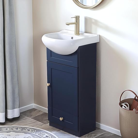18 Inch Blue Bathroom Vanity with Sink Combo, Narrow Freestanding Storage Cabinet for Small Space, Modern Bathroom Vanity with Soft-Closing Door & Drawer
