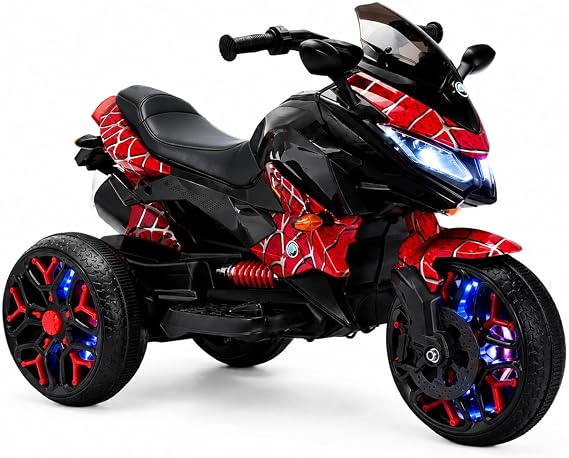 Kids Motorcycle Ride-On Motorcycle 3-Wheels Battery Powered Motorbike Tamco Rechargeable 12 V Kids Ride on Toy with PU seat/Manual Throttle/Drive by Hand/Lighting Wheels (Spider red)
