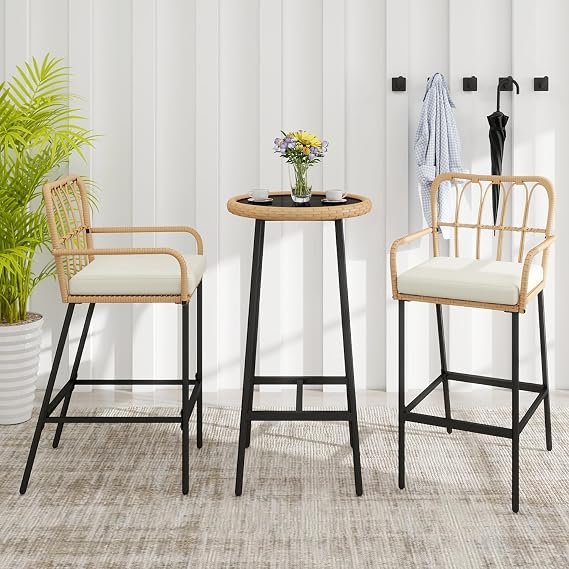 Vikiullf 3 Pieces Patio Bar Table Set, Outdoor Wicker Bar, All Weather Height Bar Stools and Table Set, for Garden, Deck, Balcony