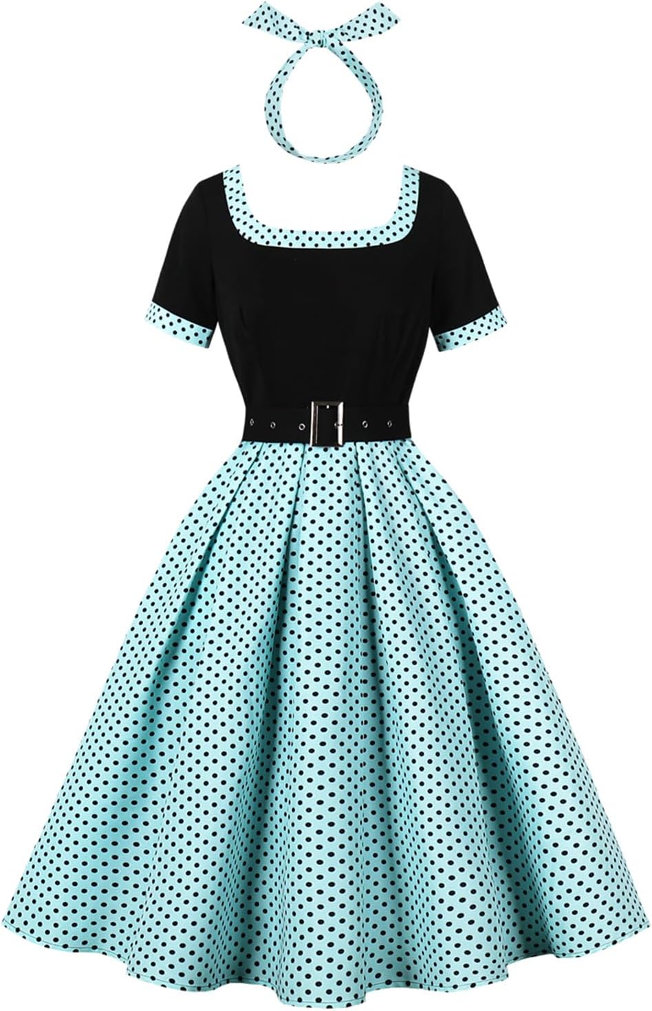 ODIZLI 1950s Retro Vintage Dress with Pockets for Women Short Sleeve Polka Dot Belted Swing Dress and Headband