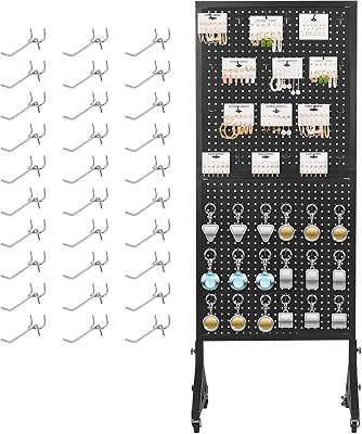 uyoyous Pegboard Display Metal Pegboard Panels Rolling Pegboard Display 23.62 X 68.5 Pegboard Organizer with 30 Hooks for Garage Office Craft Room Retail Stores Vendors Selling Accessories, Black