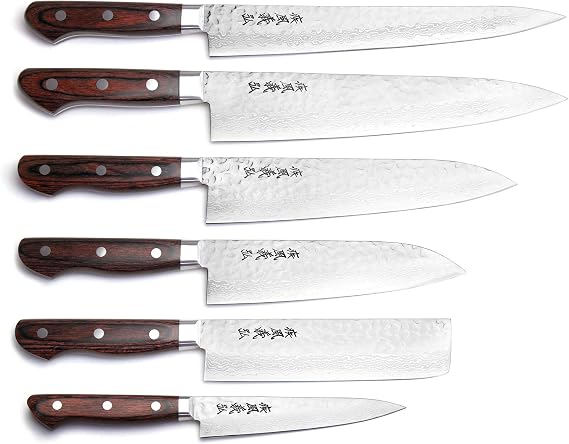 Yoshihiro VG10 16 Layer Hammered Damascus Stainless Steel Chef Knife 6pc Set - Made in Japan